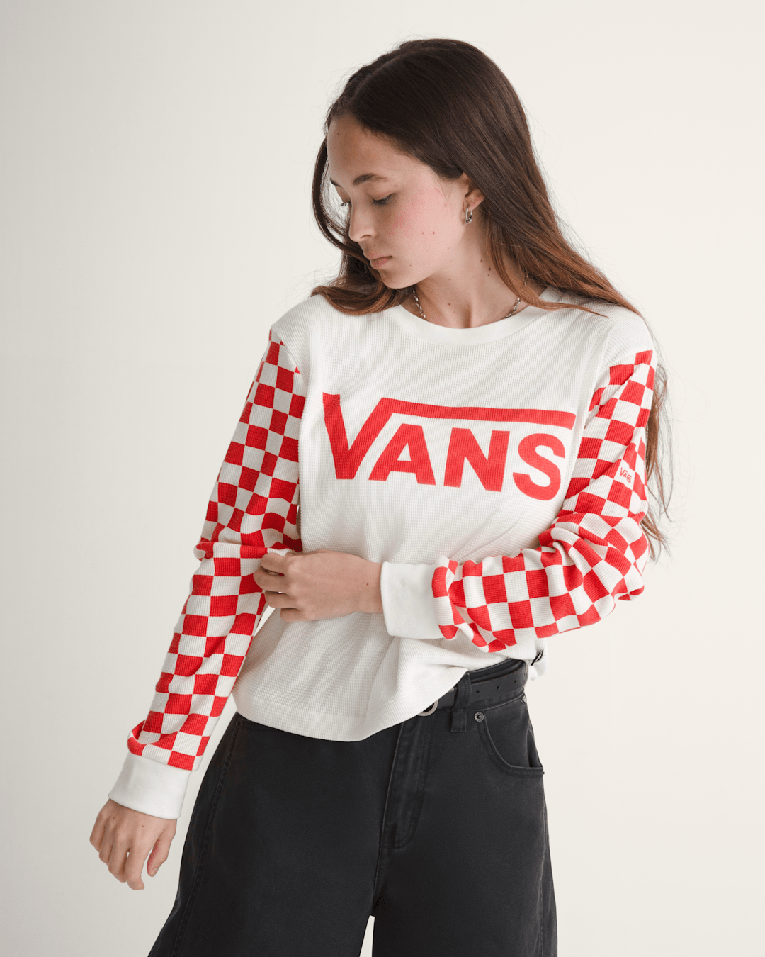 Vans Checkerboard Long Sleeve Shirt in Marshmallow White / Red