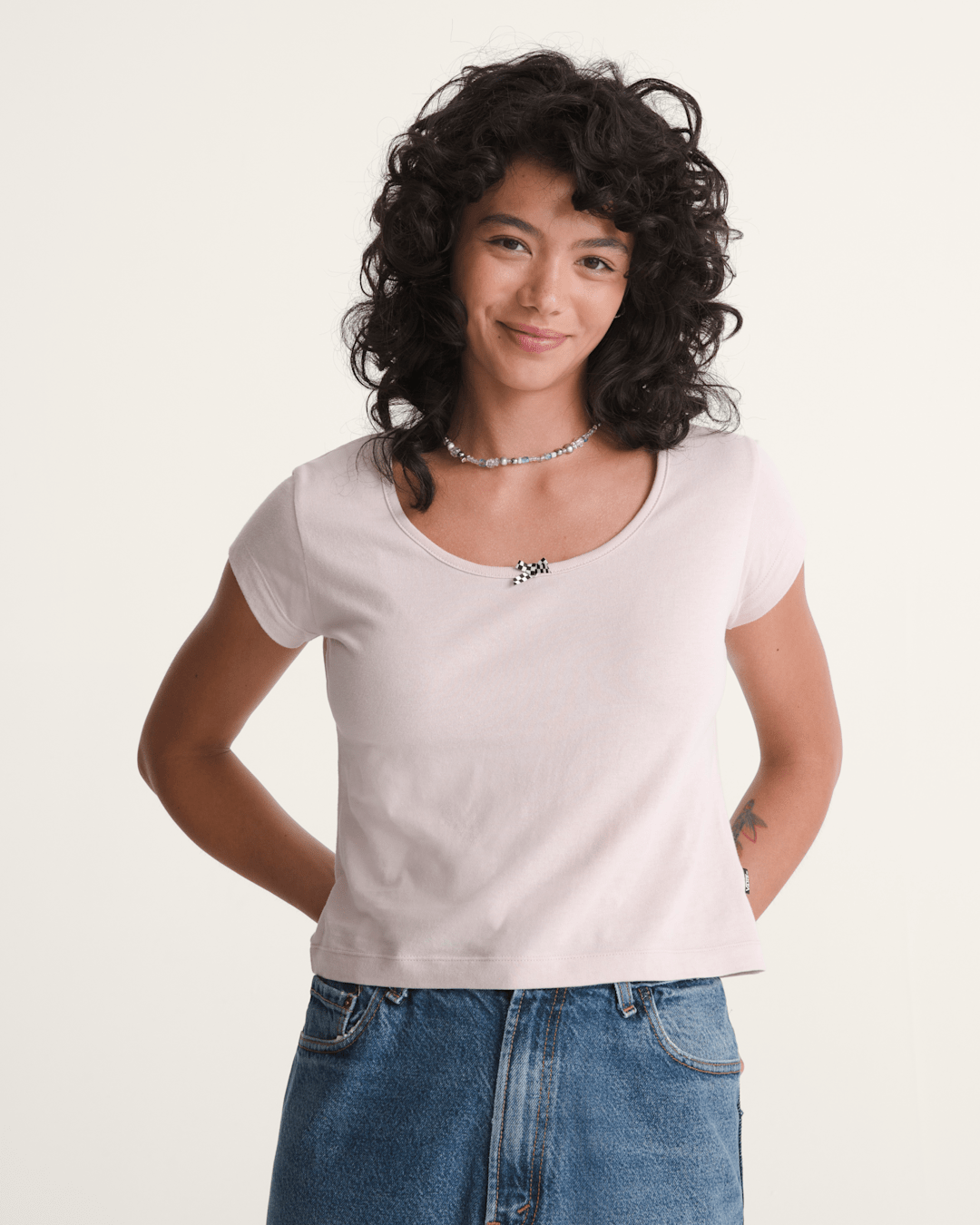 Vans Checkerboard Bow Scoop T-Shirt in Sepia Rose Pink